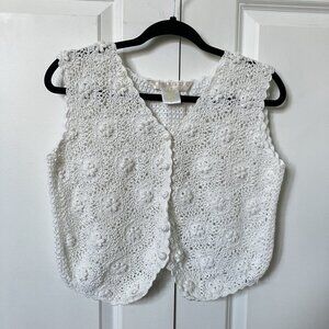 Vintage Kroshetta Vest Womens S White 3D Floral Cropped Open Knit Crochet Top